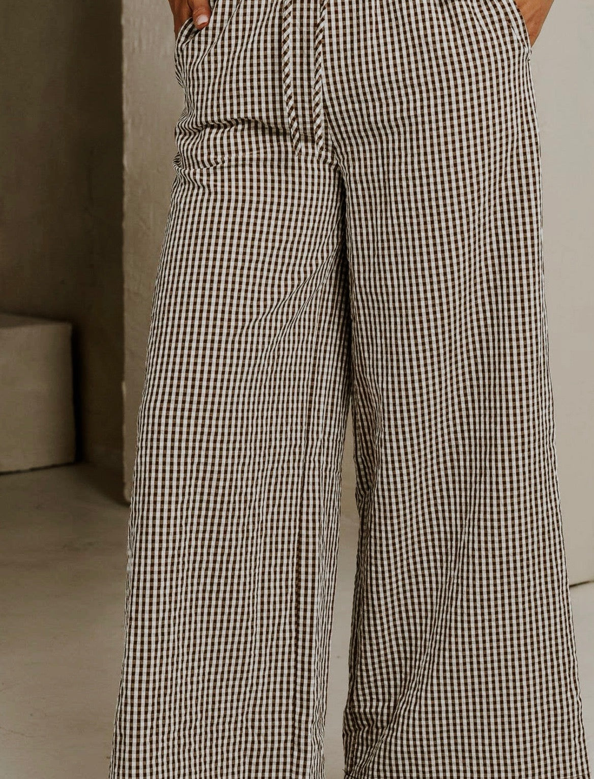 Gingham Wide Leg Pants - Coffee