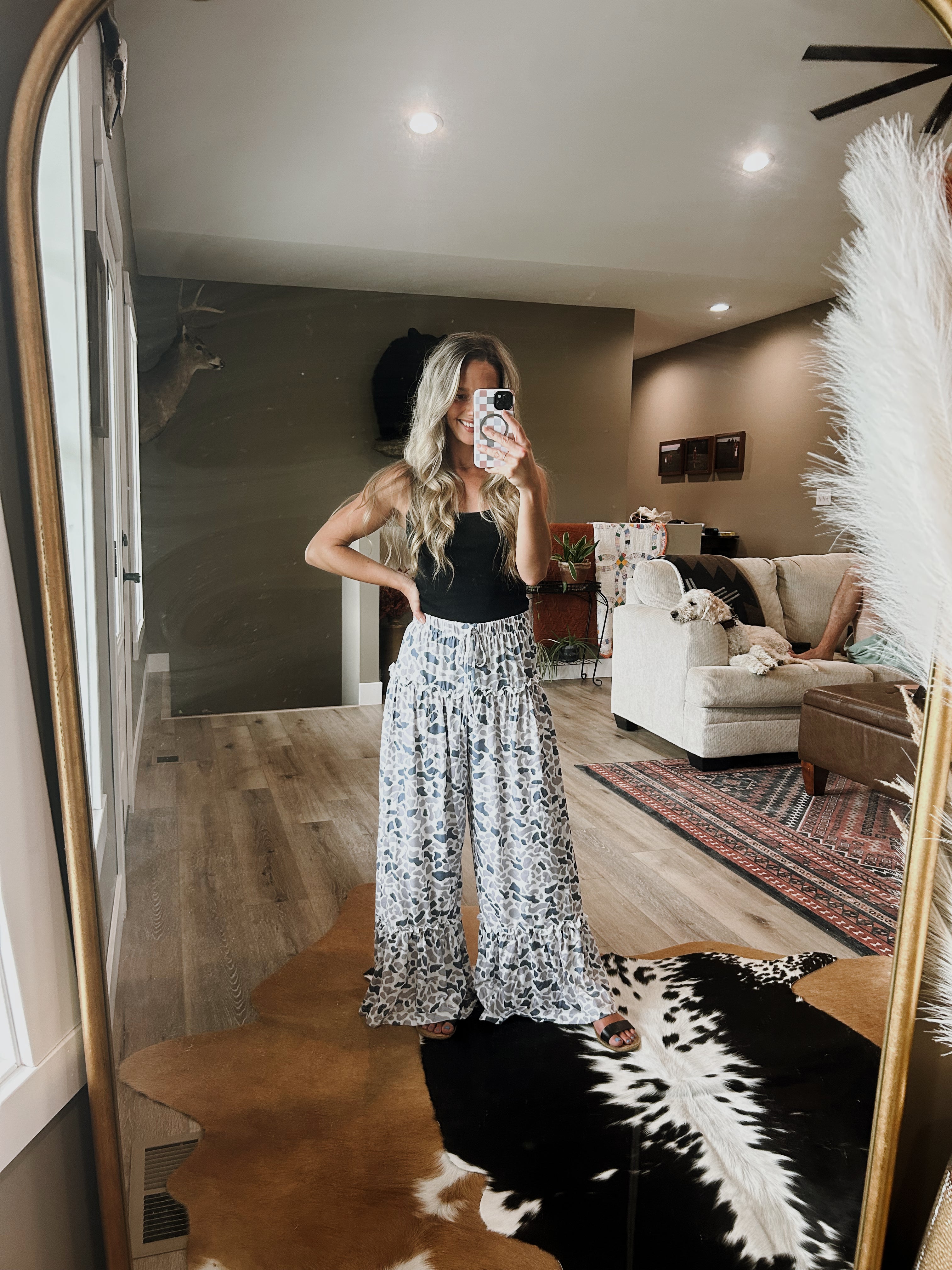 Camo Ruffle Wide Leg Drawstring Pants