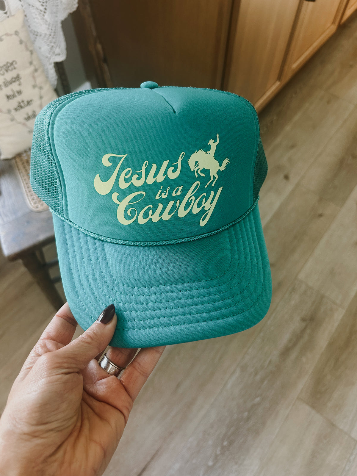 Jesus is a Cowboy Trucker Hat - Teal